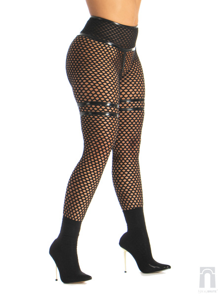Elvira: Legging in big hole mesh with vinyl strips | Ishtar&Brute