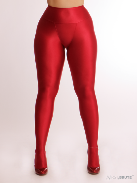 Front view of the Lexy Tights in red thin satin gloss, showcasing the smooth, form-fitting design.