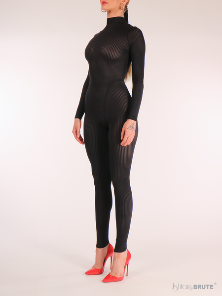 Side front view of the Noemi Catsuit, displaying the elegant high neck and the seamless, sculpting bodice design.