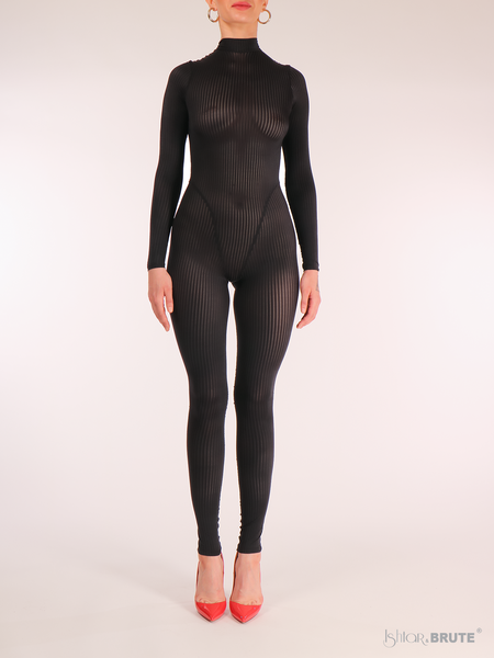 Front view of the Noemi Catsuit in sheer black striped fabric, showcasing the high neck and smooth, seam-free bodice by Ishtar & Brute.