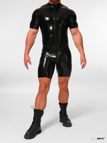 Front view of the made to measure Leon cycle suit in bonded latex by Ishtar and Brute